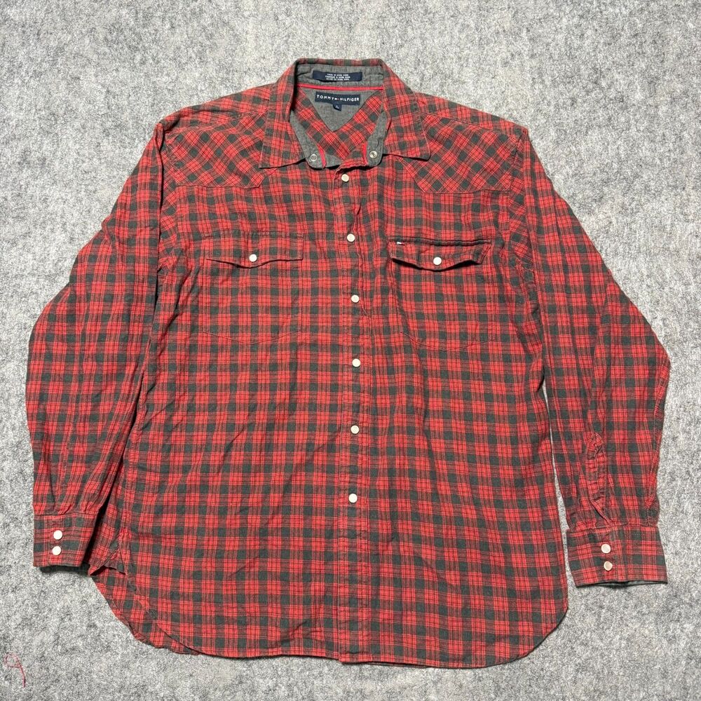 Vtg 90s Tommy Hilfiger Pearl Snap Flannel Shirt L Red Plaid Western Hong Kong